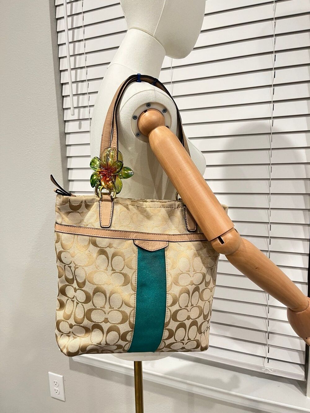 Coach Signature C Monogram Shoulder Bag with Teal Stripe Accent